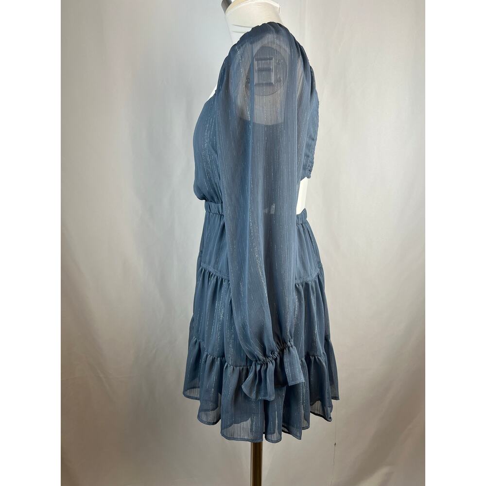 WAYF Dakota Metallic Blue Cutout Tiered Mini Dress Size M Long Sleeve - Picture 6 of 8